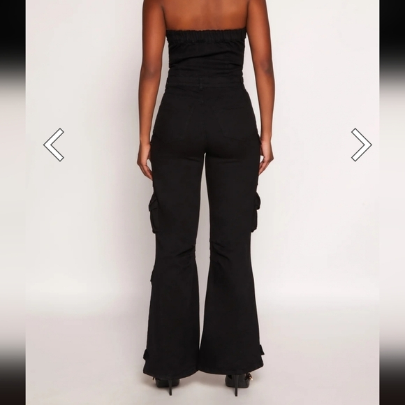 Daisy Denim Cargo Pocket Jumpsuit - black. Size Medium. New.SleevelessStraple - Picture 2 of 10